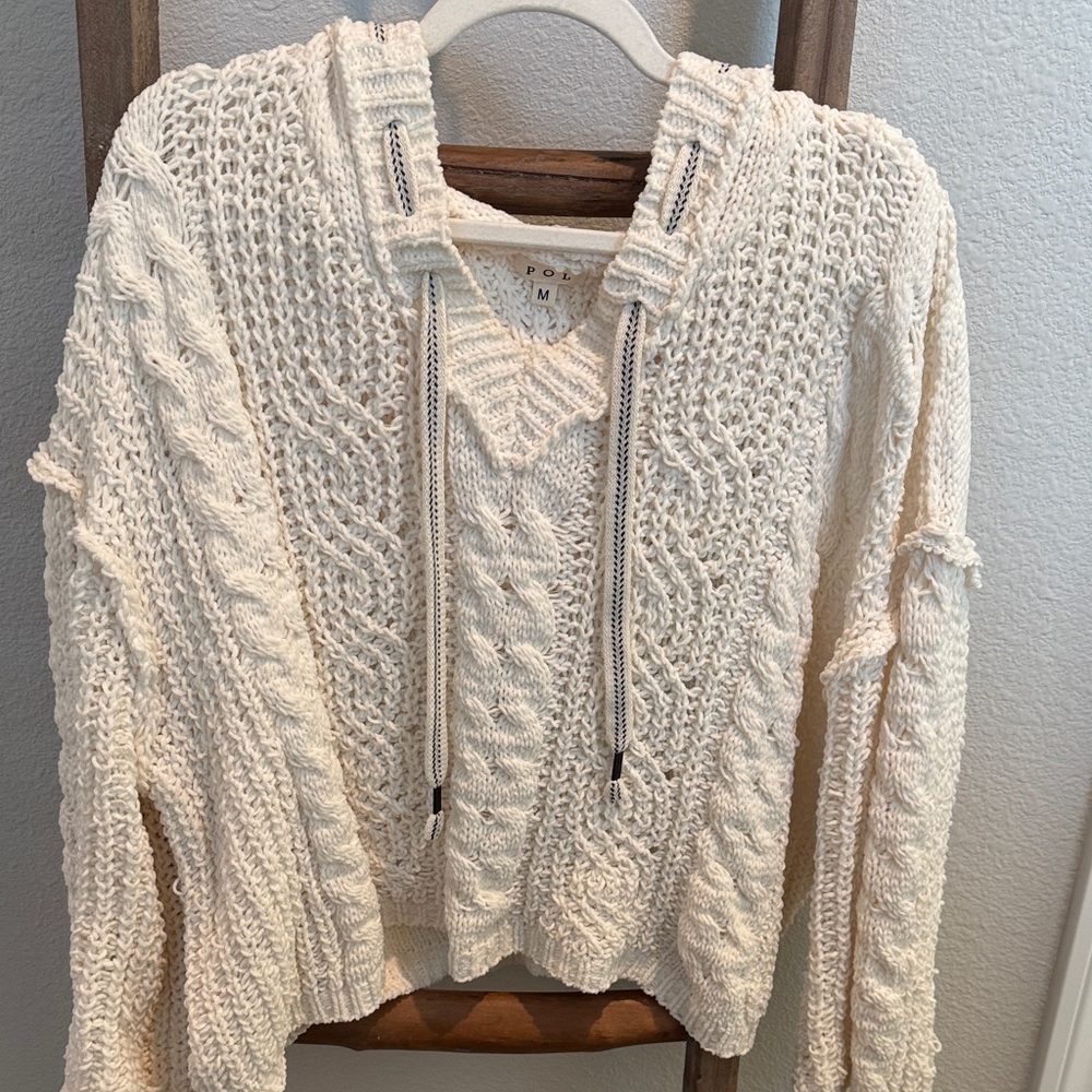POL Cream Cable Knit V-Neck Sweater